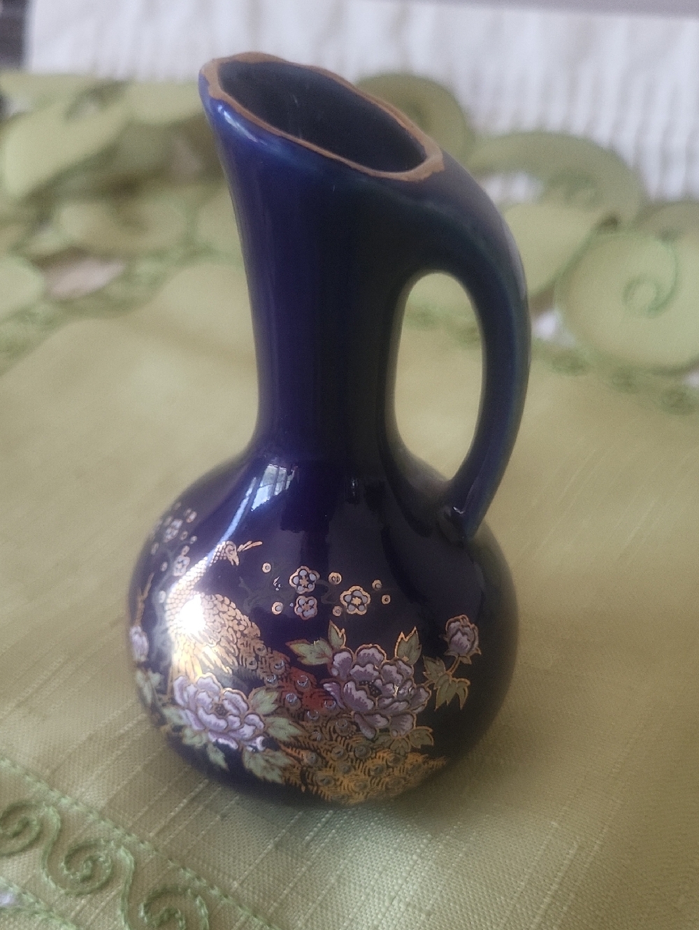 Mini Blue Cobalt Pitcher with Gold Peacocks & Asian Floral Design